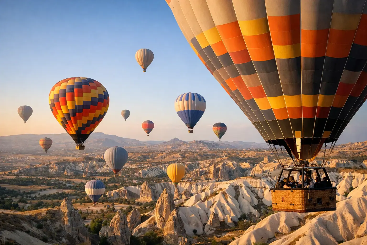 Hot-air balloons flying over Cappadocia at sunrise
