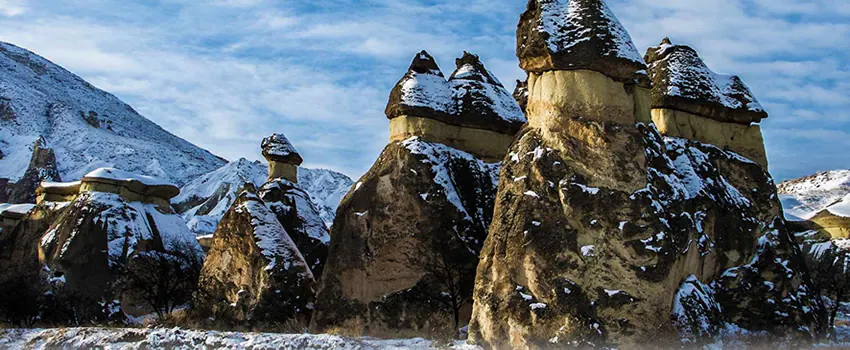 Snow-covered fairy chimneys in northern Cappadocia